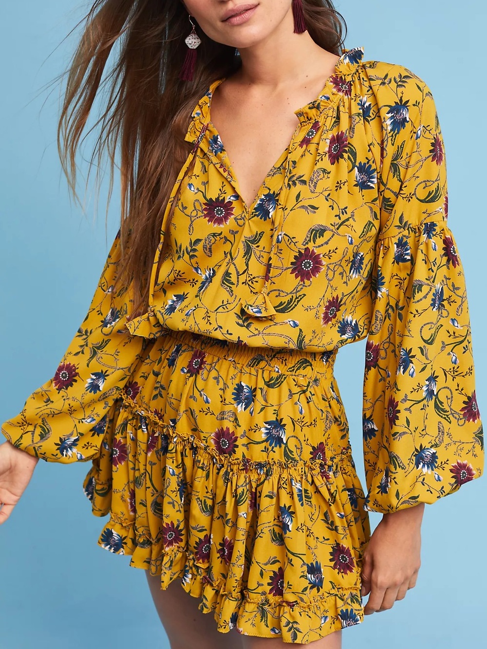 NWOT Misa Los Angeles Violet long sleeve mini dress in Marigold Flowers, size S